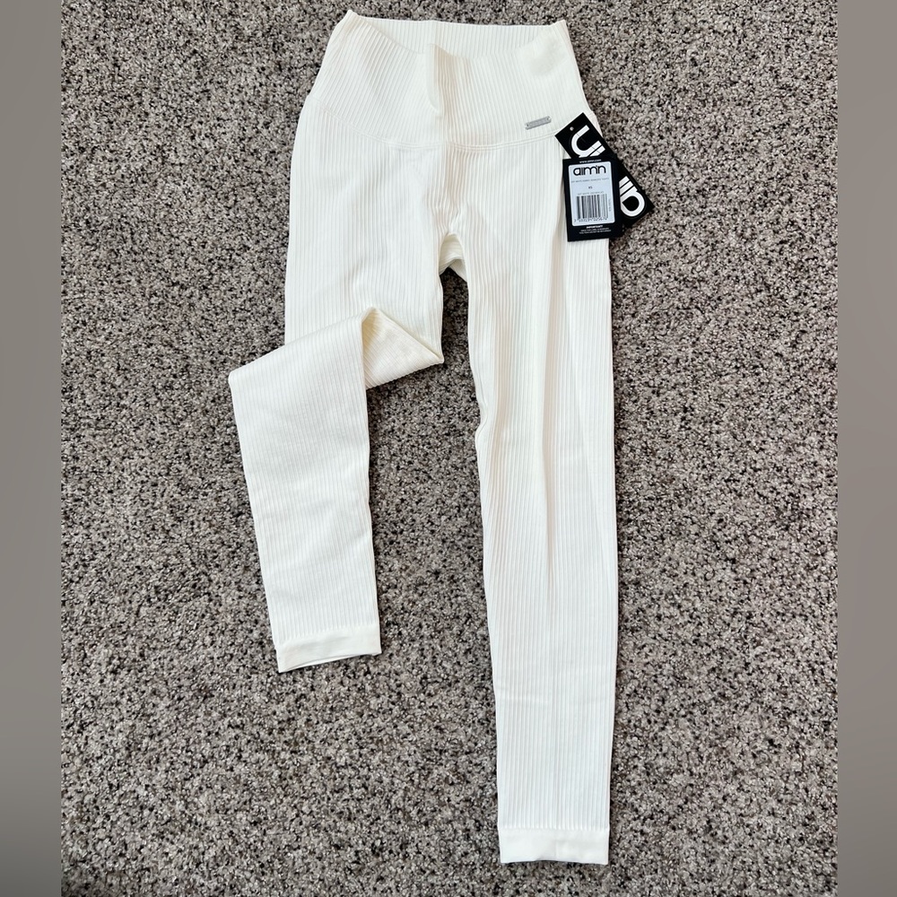 Aimn - Off White Ribbed Seamless Yoga Pants